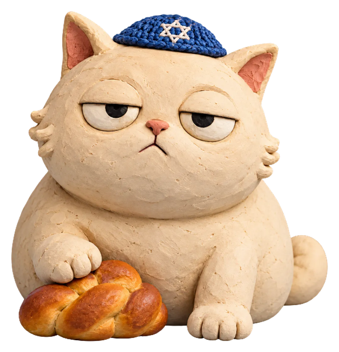 Shalom Kitty, a round clay cat in a blue knitted kippah, resting one paw on a braided challah
